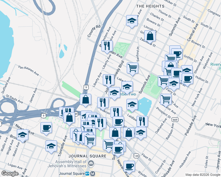 map of restaurants, bars, coffee shops, grocery stores, and more near 101 Collard Street in Jersey City