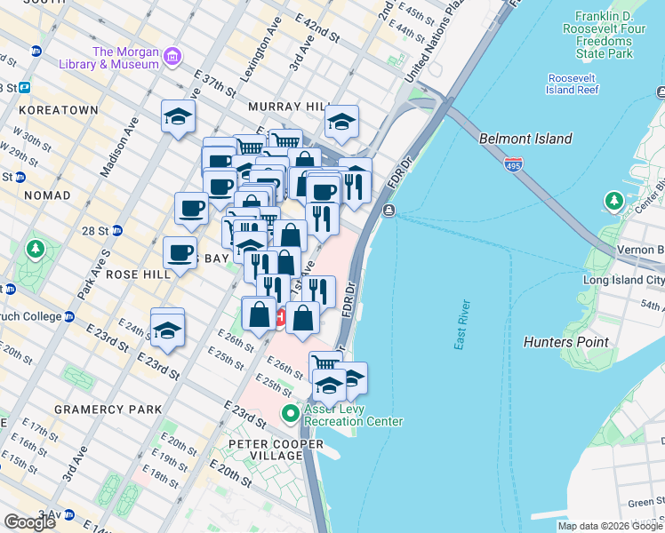 map of restaurants, bars, coffee shops, grocery stores, and more near 550 1st Avenue in New York