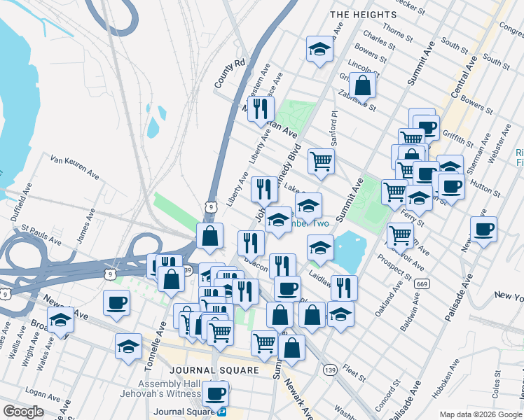 map of restaurants, bars, coffee shops, grocery stores, and more near 3196 John F Kennedy Boulevard West in Jersey City
