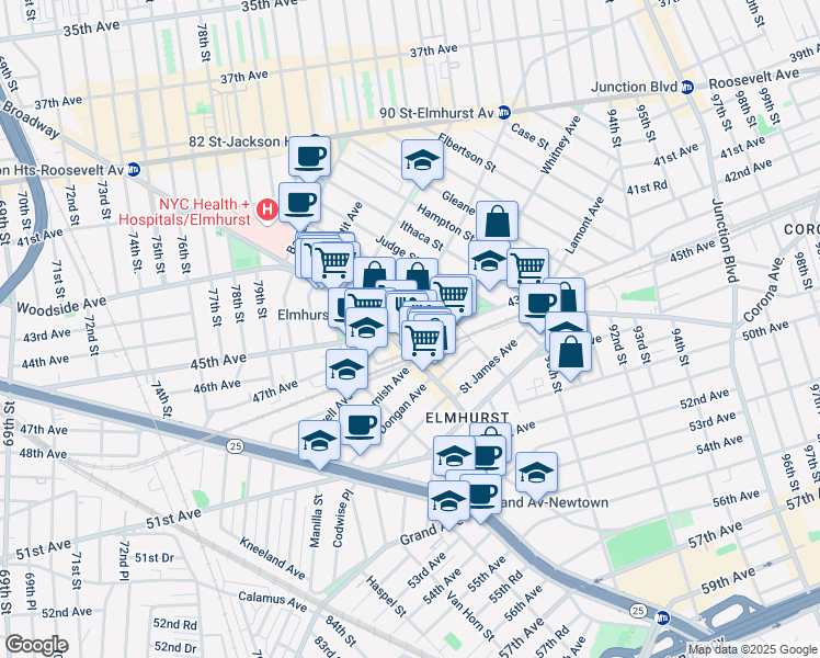 map of restaurants, bars, coffee shops, grocery stores, and more near 85-21 Whitney Avenue in Queens