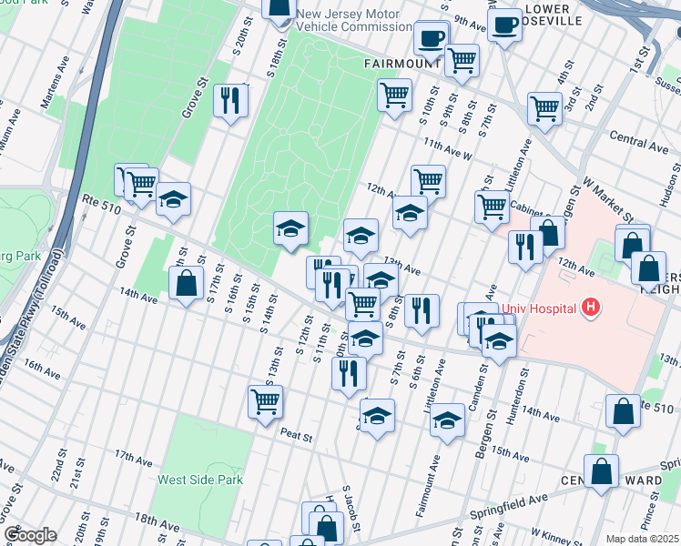 map of restaurants, bars, coffee shops, grocery stores, and more near 355 South 11th Street in Newark