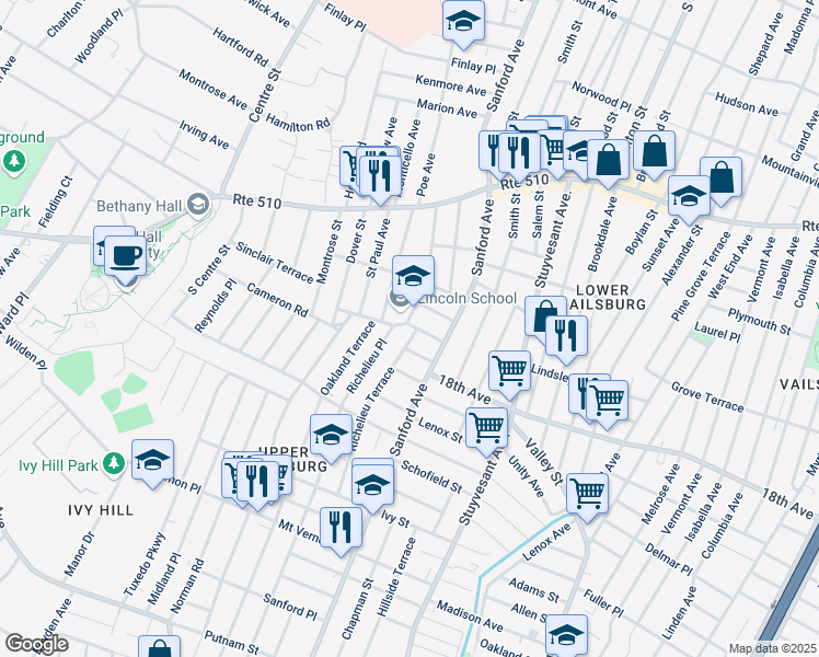 map of restaurants, bars, coffee shops, grocery stores, and more near 116 Richelieu Terrace in Newark
