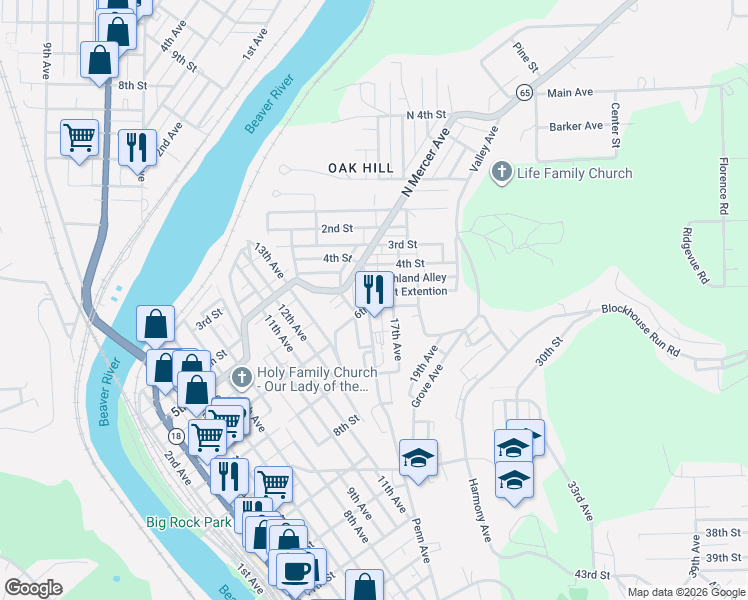 map of restaurants, bars, coffee shops, grocery stores, and more near 604 Penn Avenue in New Brighton