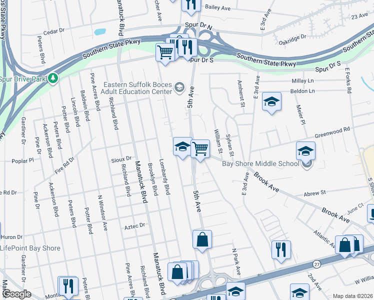 map of restaurants, bars, coffee shops, grocery stores, and more near 1415 North Clinton Avenue in Bay Shore