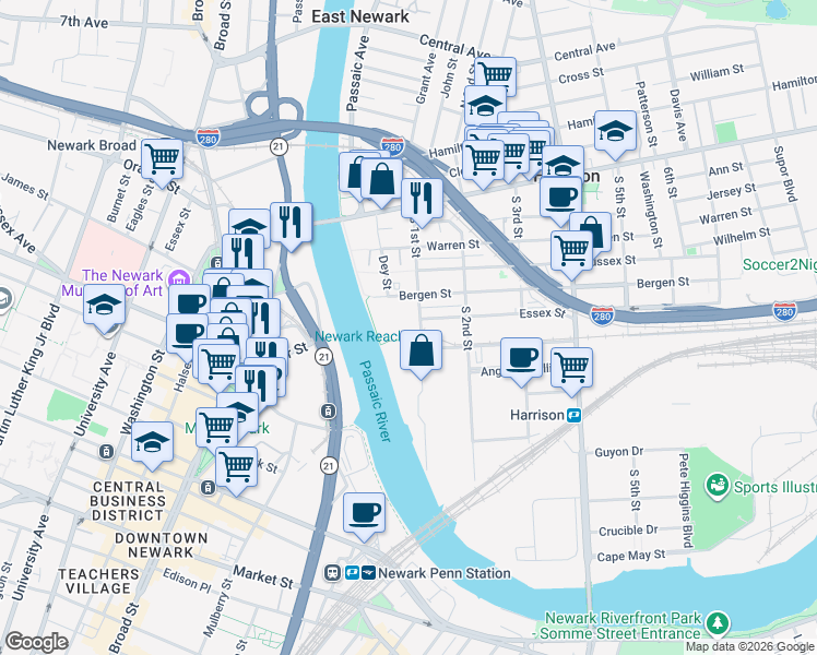 map of restaurants, bars, coffee shops, grocery stores, and more near 1-15 Railroad Avenue in Harrison