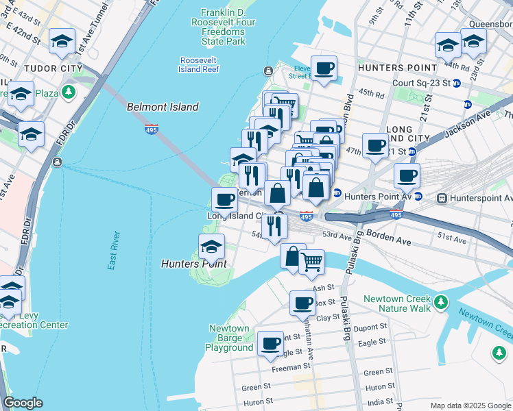 map of restaurants, bars, coffee shops, grocery stores, and more near 18 Borden Avenue in Queens