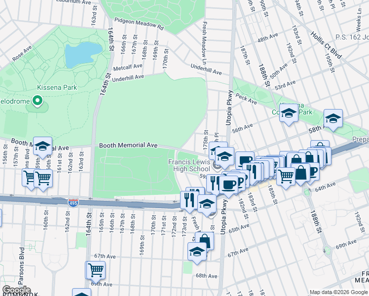 map of restaurants, bars, coffee shops, grocery stores, and more near 56-33 Fresh Meadow Lane in Queens