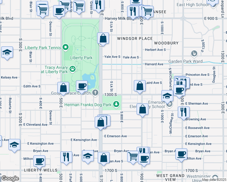 map of restaurants, bars, coffee shops, grocery stores, and more near 1237 Lake Street in Salt Lake City