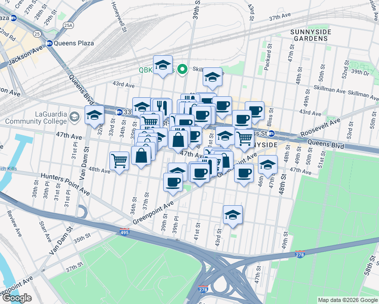 map of restaurants, bars, coffee shops, grocery stores, and more near 47-14 39th Place in Queens