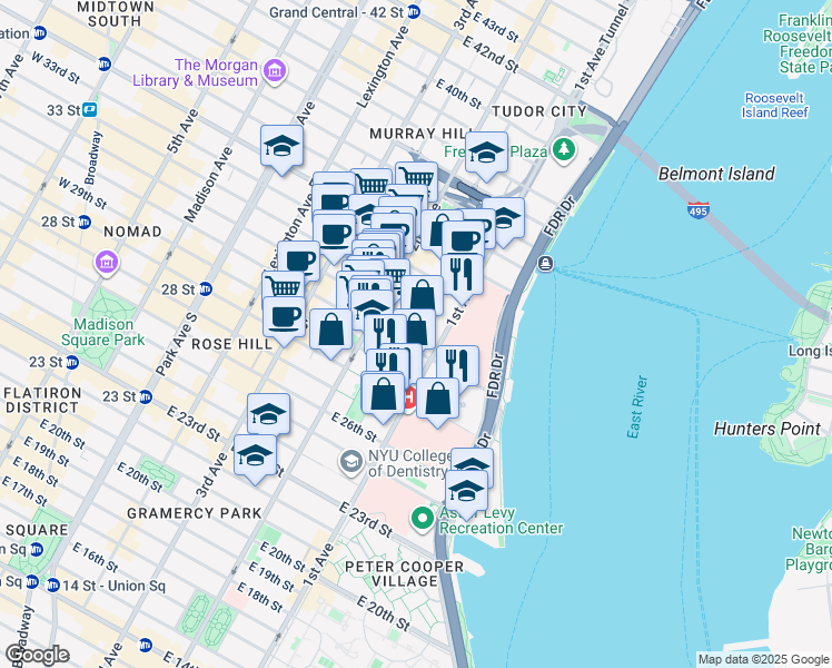 map of restaurants, bars, coffee shops, grocery stores, and more near 343 East 30th Street in New York