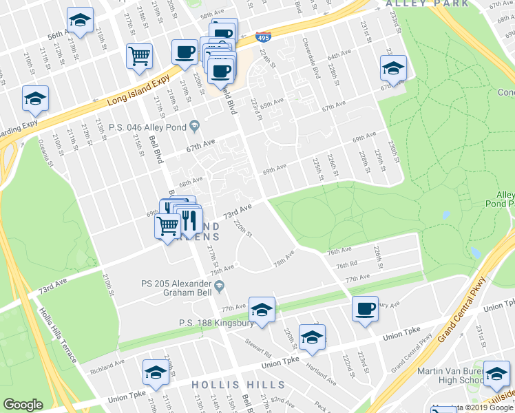 map of restaurants, bars, coffee shops, grocery stores, and more near 73-18 Springfield Boulevard in Queens