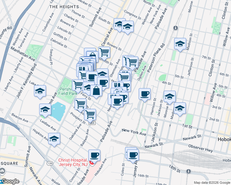 map of restaurants, bars, coffee shops, grocery stores, and more near 63 Franklin Street in Jersey City