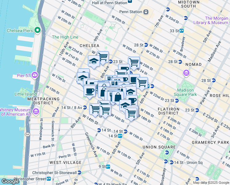 map of restaurants, bars, coffee shops, grocery stores, and more near 219 West 19th Street in New York