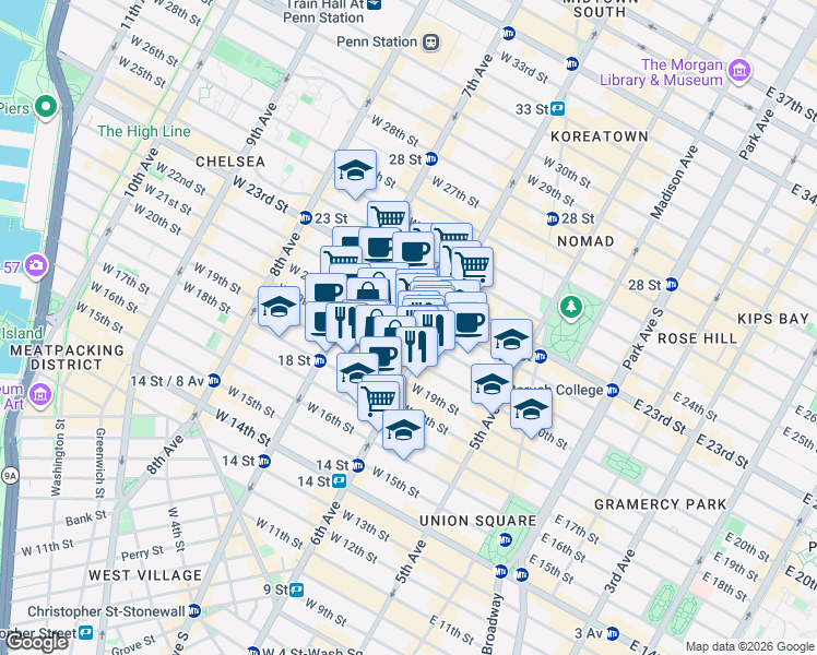 map of restaurants, bars, coffee shops, grocery stores, and more near 101 West 21st Street in New York