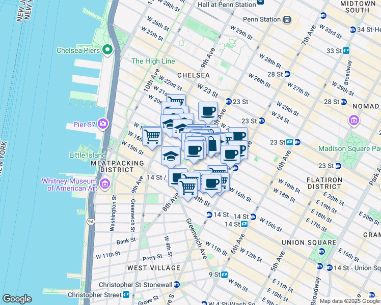 map of restaurants, bars, coffee shops, grocery stores, and more near 313 West 17th Street in New York