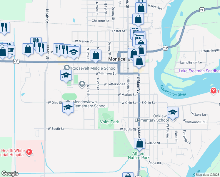 map of restaurants, bars, coffee shops, grocery stores, and more near 298 West Market Street in Monticello