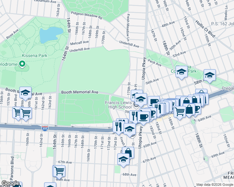 map of restaurants, bars, coffee shops, grocery stores, and more near 56-33 Fresh Meadow Lane in Queens