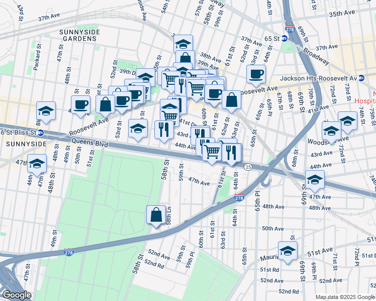 map of restaurants, bars, coffee shops, grocery stores, and more near 59-11 Queens Boulevard in Queens