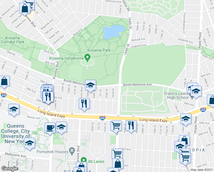 map of restaurants, bars, coffee shops, grocery stores, and more near Booth Memorial Ave & 162nd St in Queens