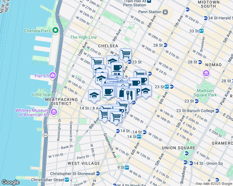 map of restaurants, bars, coffee shops, grocery stores, and more near West 18th Street in New York
