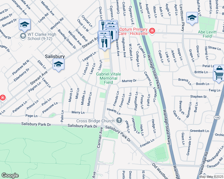 map of restaurants, bars, coffee shops, grocery stores, and more near 622 Carman Avenue in Westbury