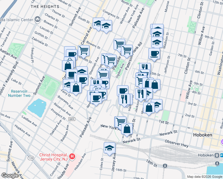 map of restaurants, bars, coffee shops, grocery stores, and more near 220 Ogden Avenue in Jersey City