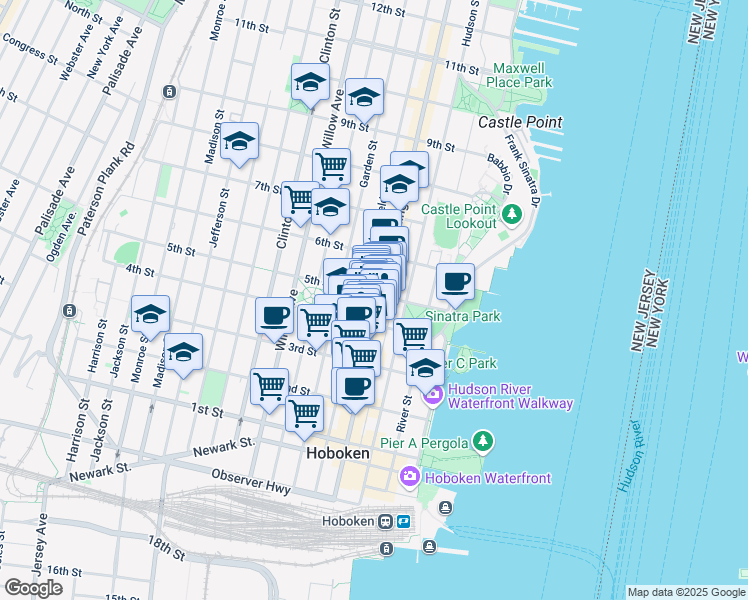 map of restaurants, bars, coffee shops, grocery stores, and more near 407 Washington Street in Hoboken