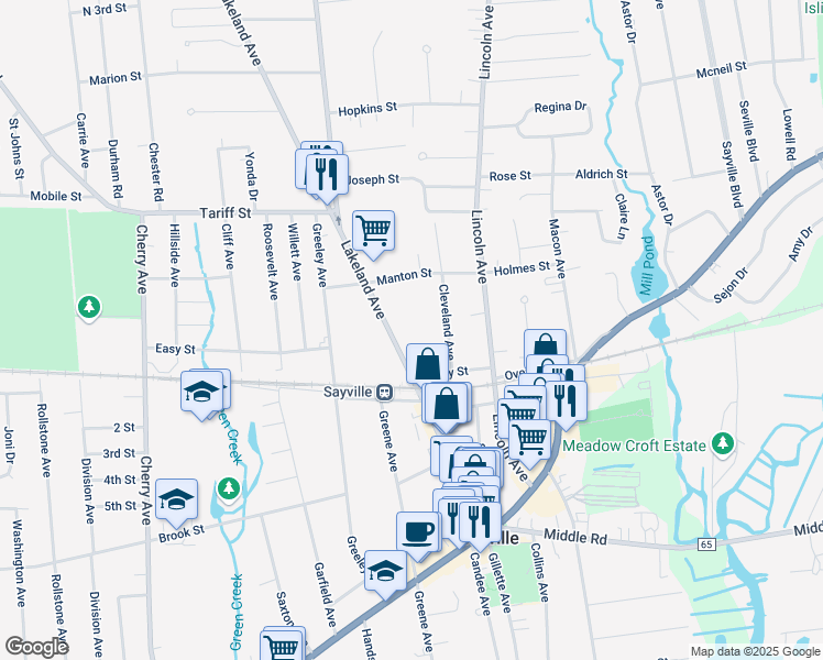 map of restaurants, bars, coffee shops, grocery stores, and more near 27 Lakeland Avenue in Sayville
