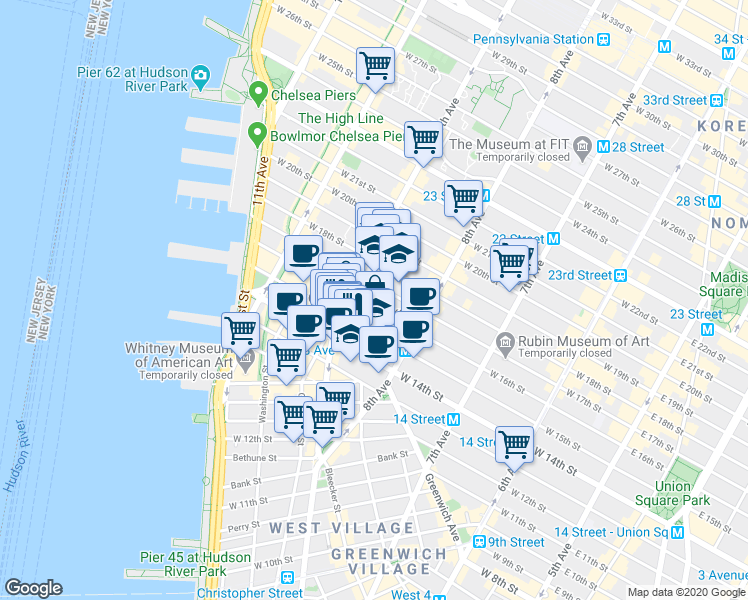 map of restaurants, bars, coffee shops, grocery stores, and more near 347 West 16th Street in New York