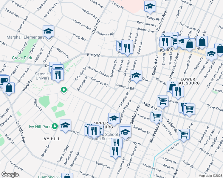map of restaurants, bars, coffee shops, grocery stores, and more near 30 Eastern Parkway in Newark