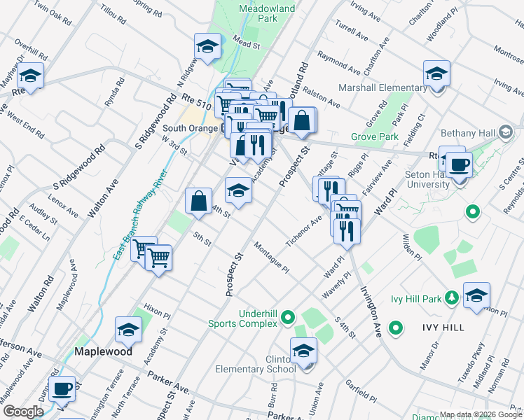 map of restaurants, bars, coffee shops, grocery stores, and more near 161 Village Road in South Orange