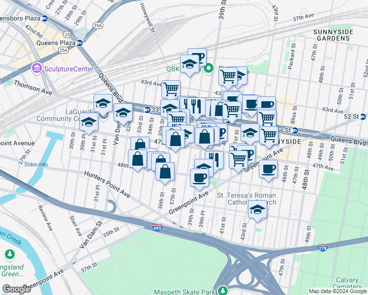 map of restaurants, bars, coffee shops, grocery stores, and more near 47-5 37th Street in Queens