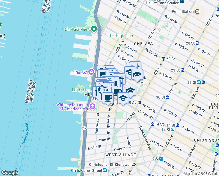 map of restaurants, bars, coffee shops, grocery stores, and more near 430 West 15th Street in New York