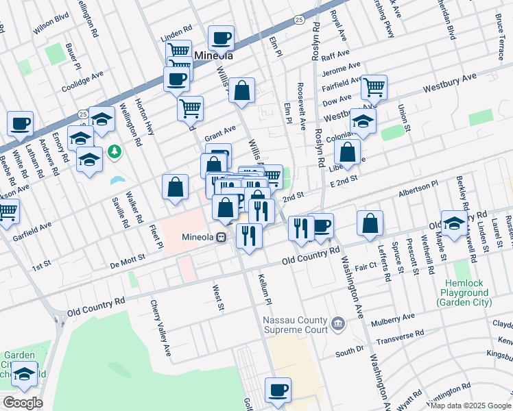 map of restaurants, bars, coffee shops, grocery stores, and more near 82 Main Street in Mineola