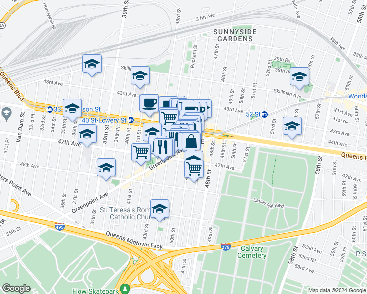map of restaurants, bars, coffee shops, grocery stores, and more near 45-05 45th Street in Queens
