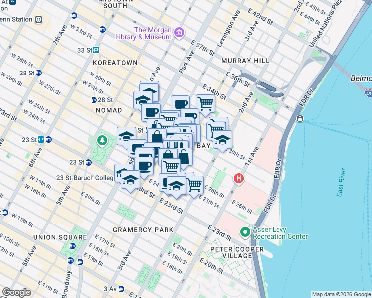 map of restaurants, bars, coffee shops, grocery stores, and more near 201 East 28th Street in New York