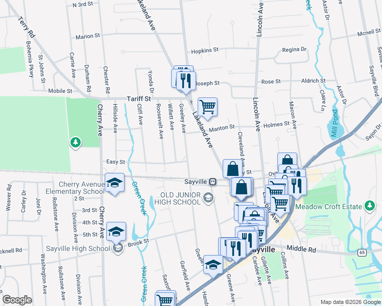 map of restaurants, bars, coffee shops, grocery stores, and more near 195 Greeley Avenue in Sayville