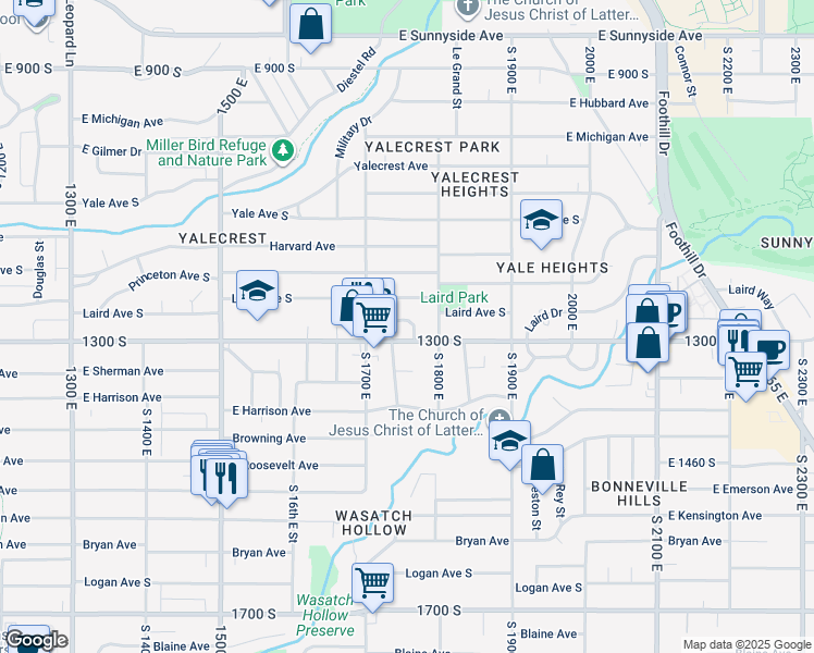map of restaurants, bars, coffee shops, grocery stores, and more near 1754 Cornell Circle in Salt Lake City