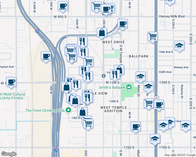 map of restaurants, bars, coffee shops, grocery stores, and more near 230 West 1300 South Street in Salt Lake City