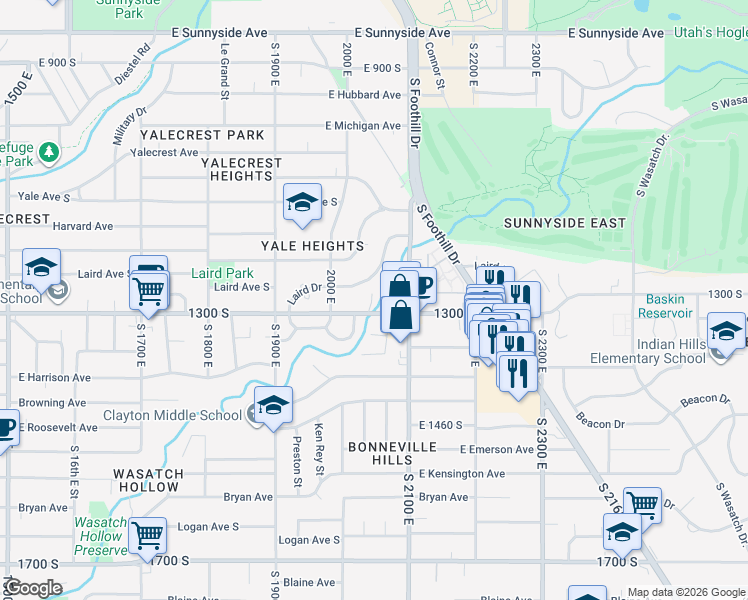 map of restaurants, bars, coffee shops, grocery stores, and more near 2034 East 1300 South in Salt Lake City