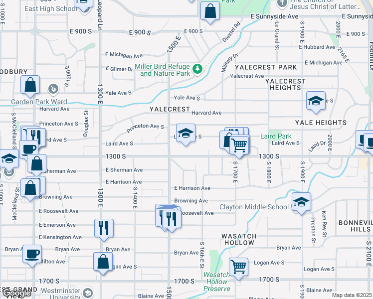 map of restaurants, bars, coffee shops, grocery stores, and more near 1564 East 1300 South in Salt Lake City
