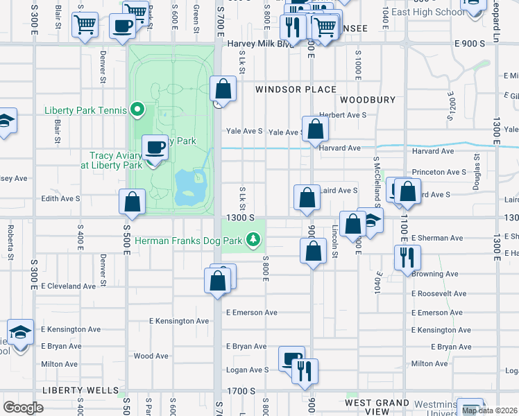 map of restaurants, bars, coffee shops, grocery stores, and more near 777 East 1300 South in Salt Lake City
