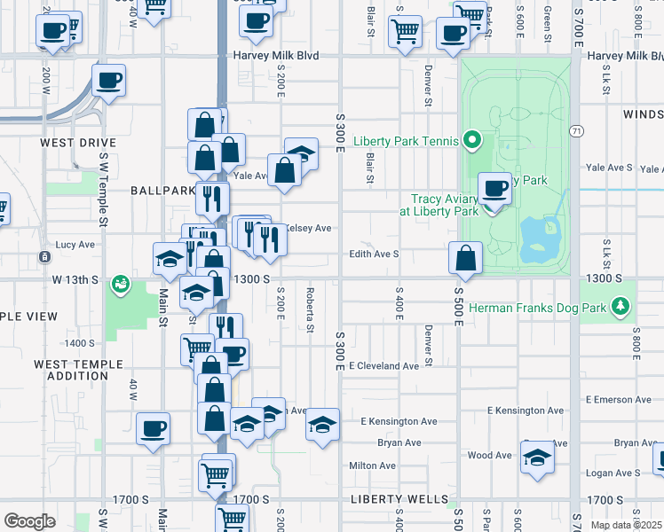 map of restaurants, bars, coffee shops, grocery stores, and more near 1303 Roberta Street in Salt Lake City