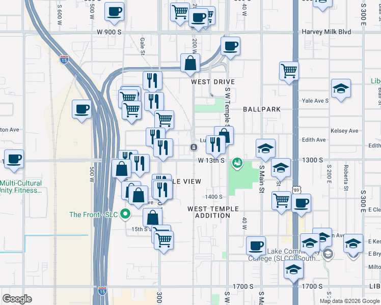 map of restaurants, bars, coffee shops, grocery stores, and more near 212 West 1300 South in Salt Lake City