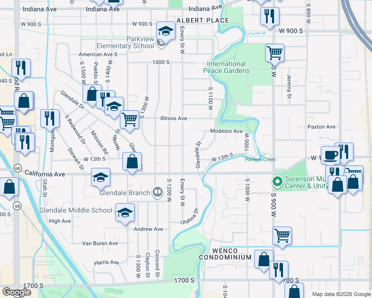 map of restaurants, bars, coffee shops, grocery stores, and more near 1258 Glendale Street in Salt Lake City