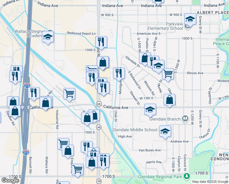map of restaurants, bars, coffee shops, grocery stores, and more near 1298 Utah Street in Salt Lake City