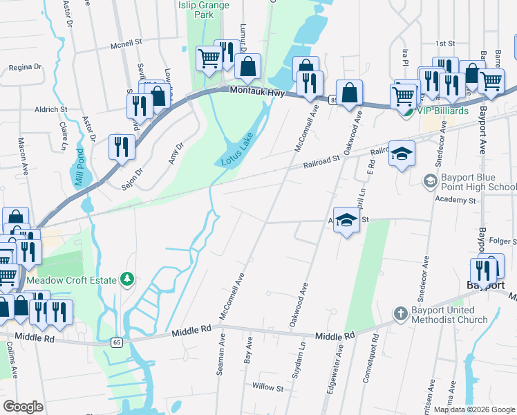 map of restaurants, bars, coffee shops, grocery stores, and more near 184 McConnell Avenue in Bayport