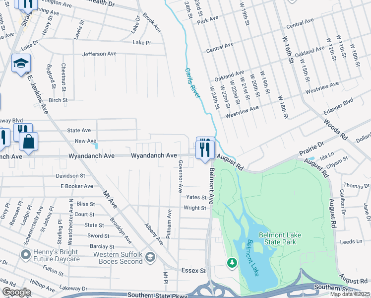 map of restaurants, bars, coffee shops, grocery stores, and more near 400 Wyandanch Avenue in West Babylon