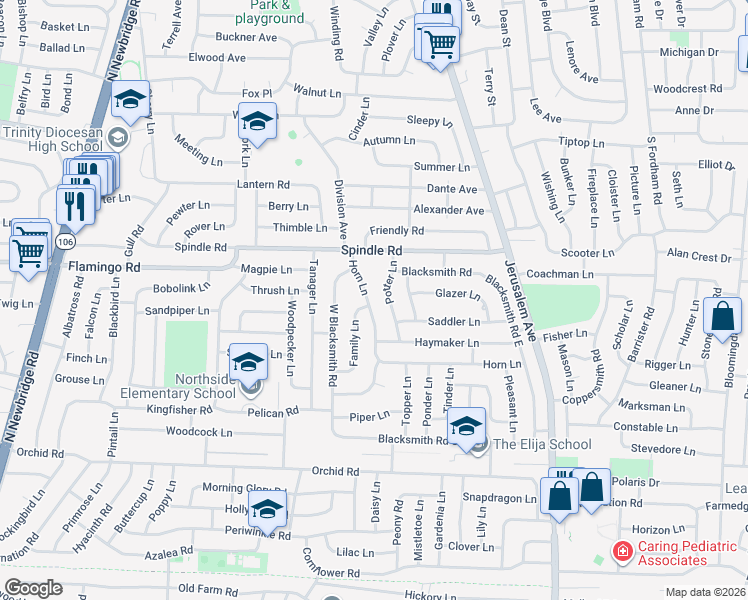 map of restaurants, bars, coffee shops, grocery stores, and more near 15 Family Lane in Levittown
