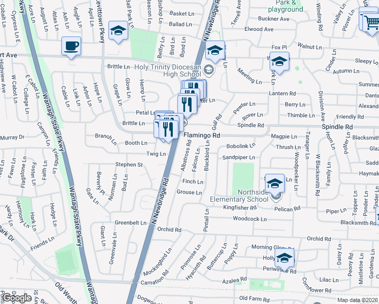 map of restaurants, bars, coffee shops, grocery stores, and more near 29 Albatross Road in Levittown